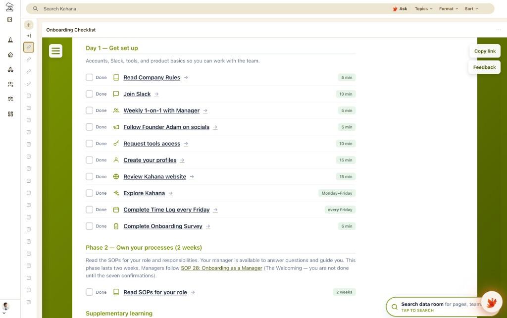 Interactive onboarding checklist showing Day 1 setup tasks, including joining Slack, reviewing the Kahana website, and exploring Kahana